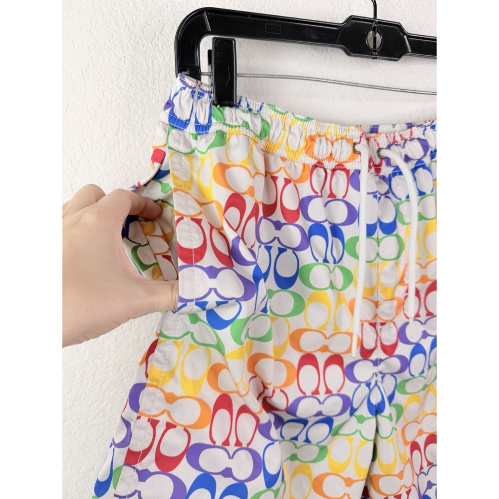 Coach Signature Swim Trunks Men M Multicolor Logo Print Drawstring Shorts Beach - Picture 3 of 8